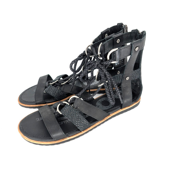 Sorel Ella Womens Black Leather Lace‎ Up Strappy Gladiator Back Zip Flat Sandals - Picture 6 of 11